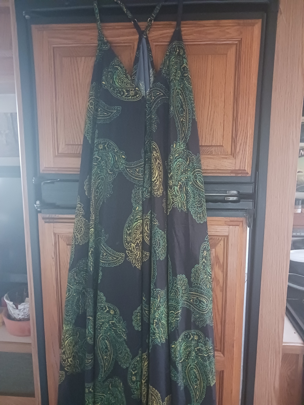 Black Maxi Dress with Green Paisley Print - Elegant Strappy Summer Dress